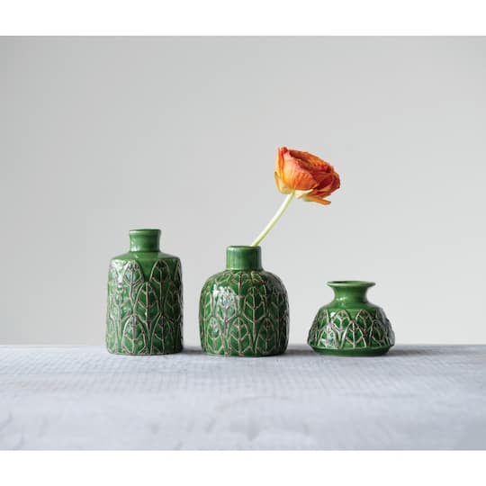 Green Embossed Stoneware Vases Set